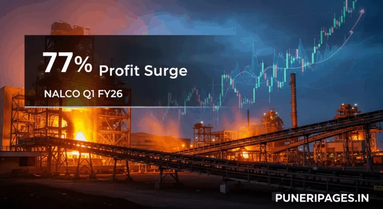 NALCO aluminium plant with financial growth chart, highlighting 77% profit surge in Q1 FY26, branded with puneripages.in