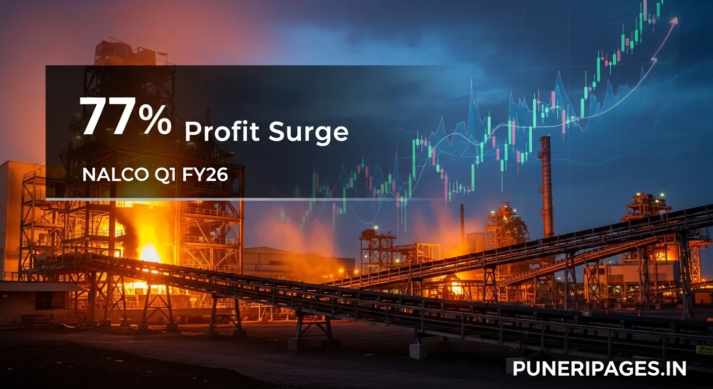 NALCO aluminium plant with financial growth chart, highlighting 77% profit surge in Q1 FY26, branded with puneripages.in