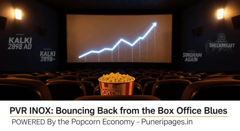 A dimly lit movie theatre with empty red seats, a glowing popcorn tub in focus, and a movie screen showing a rising graph and upcoming film titles like "Kalki 2898 AD". Text overlay reads "PVR INOX: Bouncing Back from the Box Office Blues - puneripages.in