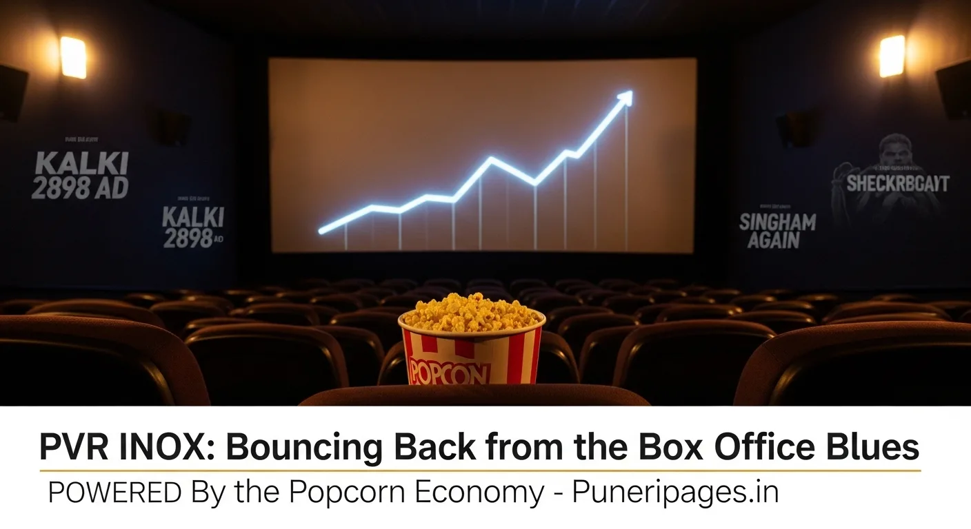 A dimly lit movie theatre with empty red seats, a glowing popcorn tub in focus, and a movie screen showing a rising graph and upcoming film titles like "Kalki 2898 AD". Text overlay reads "PVR INOX: Bouncing Back from the Box Office Blues - puneripages.in