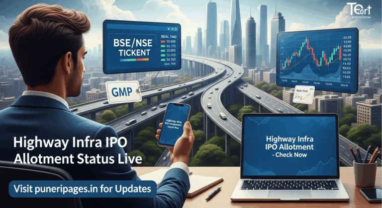 Highway Infra IPO allotment status cover image showing investor checking IPO allotment on digital devices with stock market visuals and highway infrastructure theme.