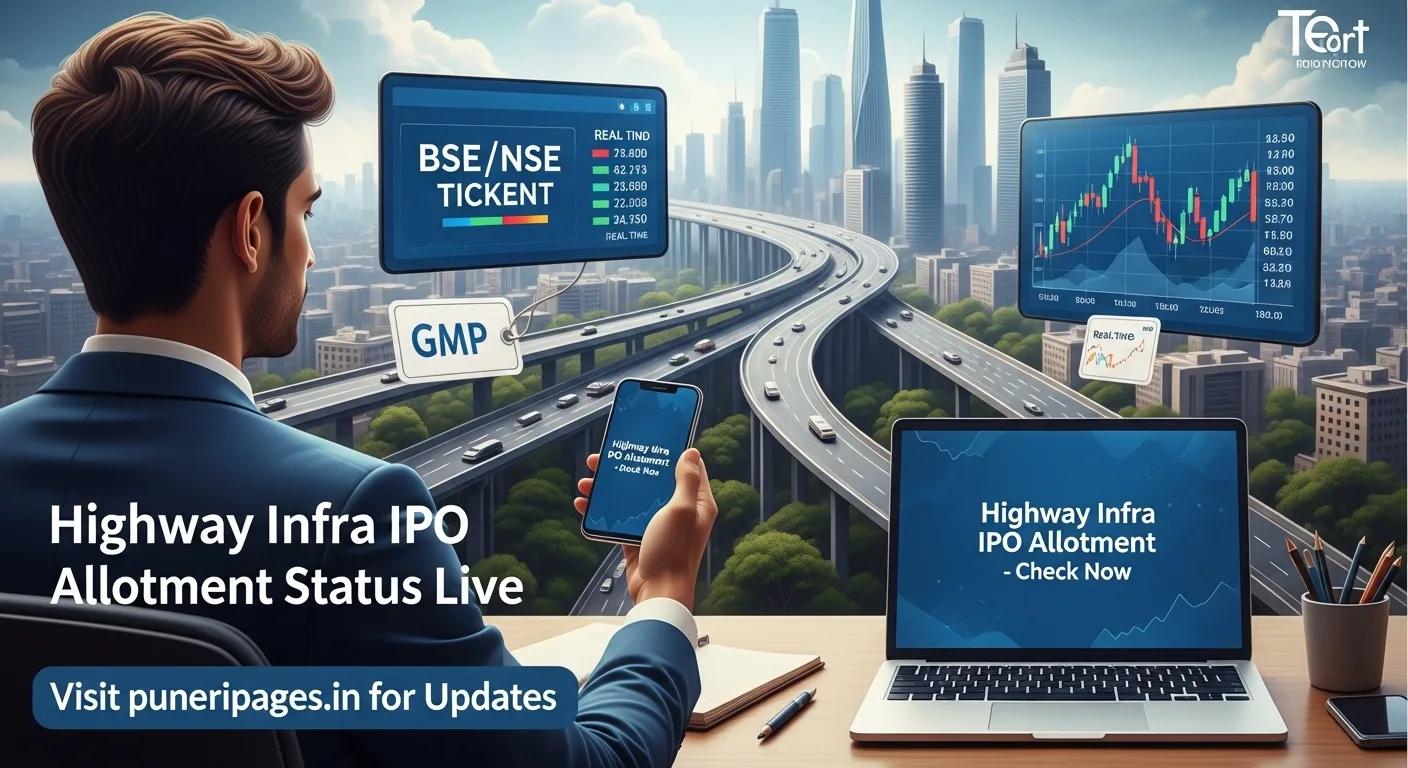 Highway Infra IPO allotment status cover image showing investor checking IPO allotment on digital devices with stock market visuals and highway infrastructure theme.