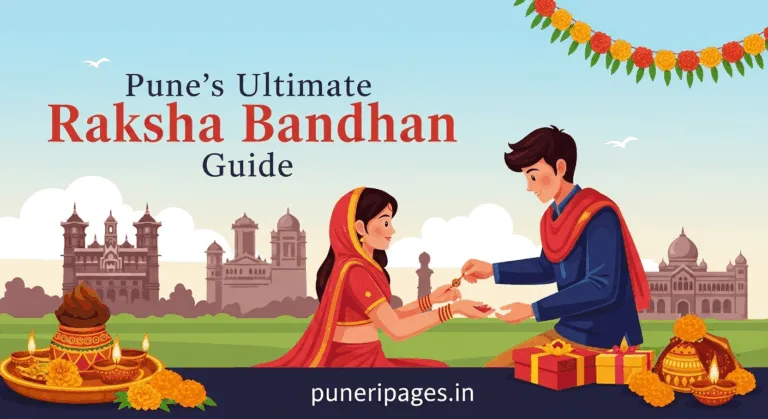 Brother and sister celebrating Raksha Bandhan in Pune with festive decorations, gifts, and Shaniwar Wada in the background.