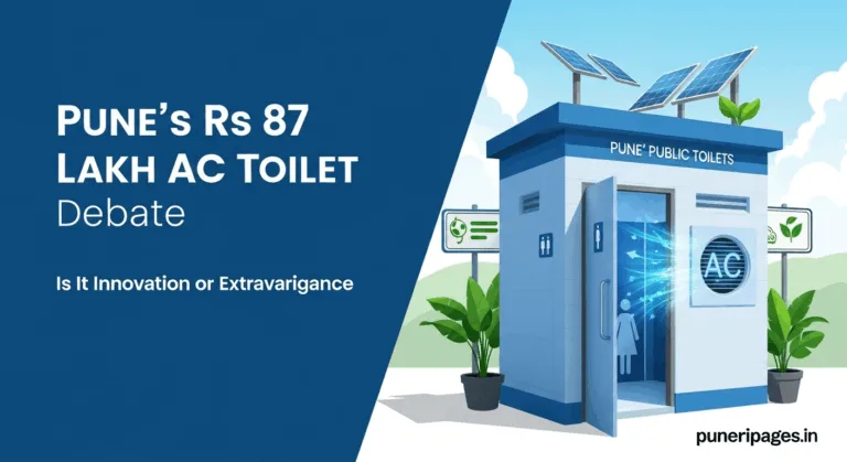 Image showing a modern public toilet entrance with air conditioning and solar panels, overlaid with text “Pune’s Rs 87 Lakh AC Toilet Debate — Is It Innovation or Extravagance?” and puneripages.in branding.