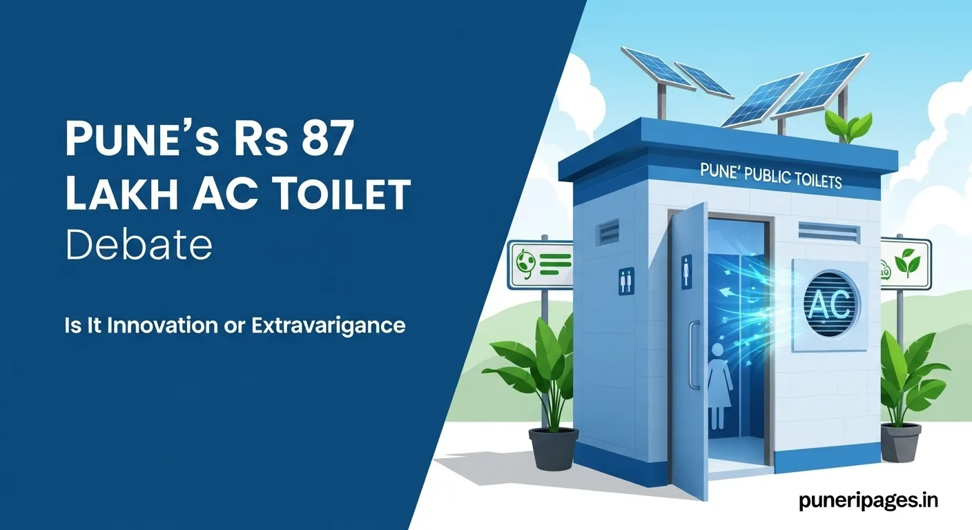 Image showing a modern public toilet entrance with air conditioning and solar panels, overlaid with text “Pune’s Rs 87 Lakh AC Toilet Debate — Is It Innovation or Extravagance?” and puneripages.in branding.