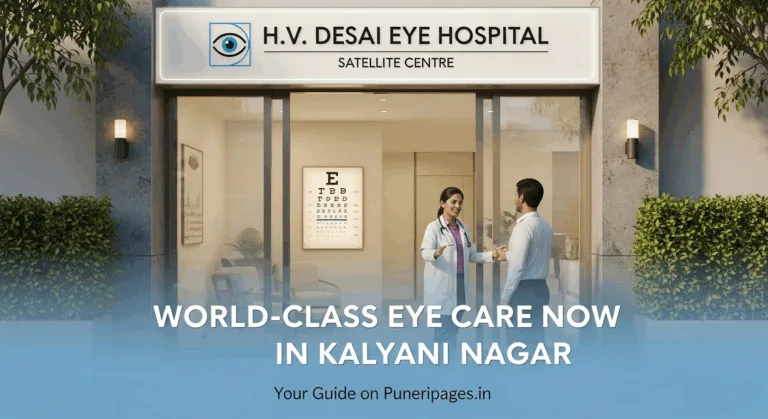 Entrance of H.V. Desai Eye Hospital Satellite Centre in Kalyani Nagar with welcoming staff and eye care signage