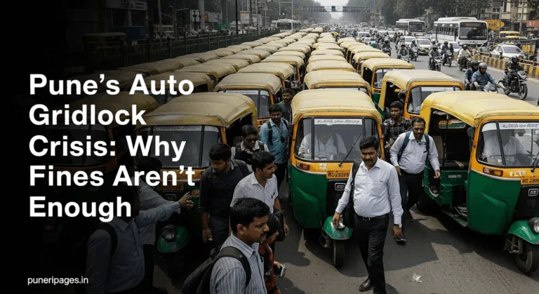 Crowded Pune Metro station entrance blocked by illegally parked auto-rickshaws causing commuter frustration and traffic chaos.