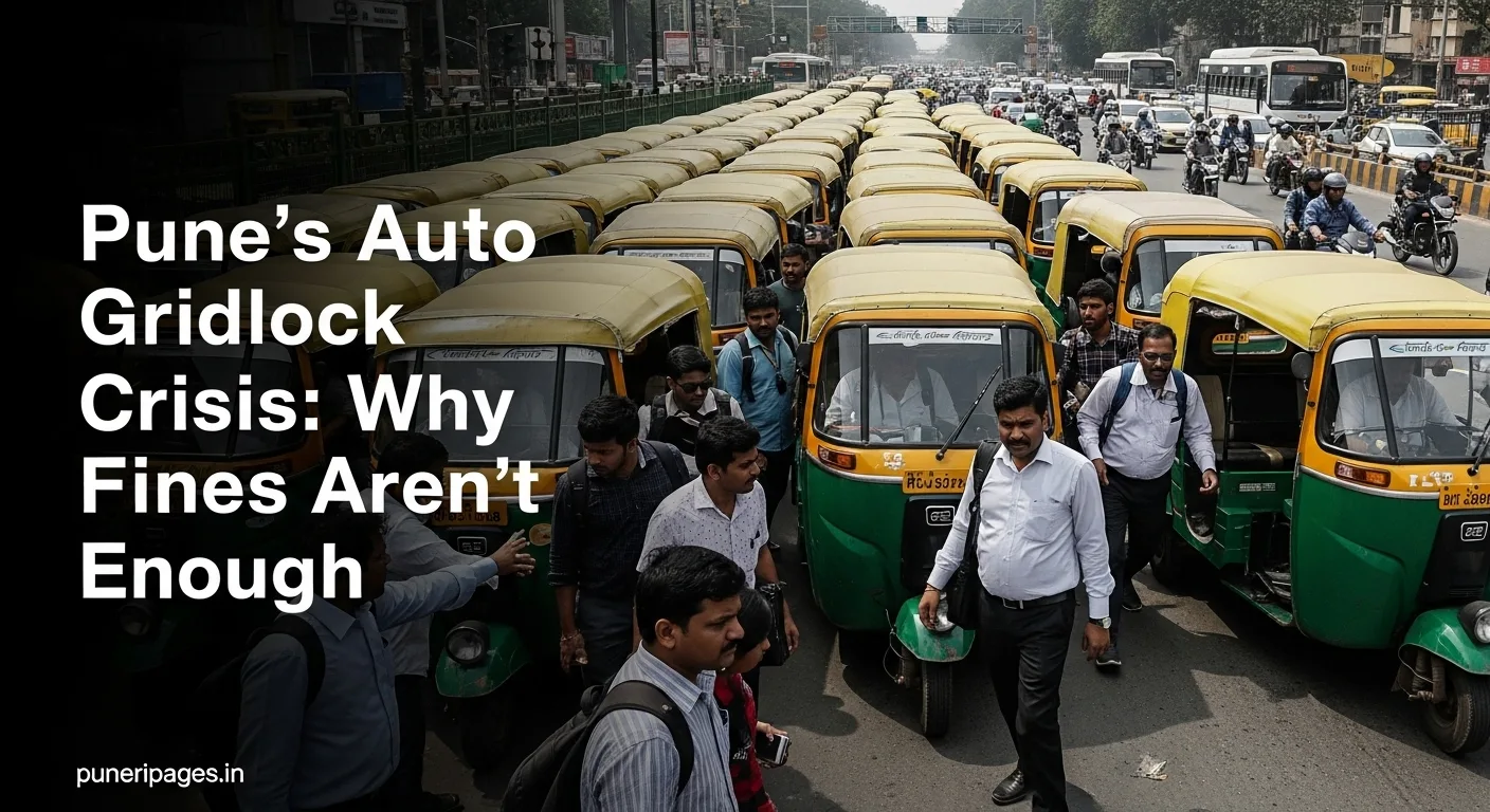 Crowded Pune Metro station entrance blocked by illegally parked auto-rickshaws causing commuter frustration and traffic chaos.