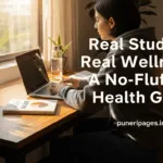 College student practicing healthy habits at desk with organic food, yoga mat, and study materials