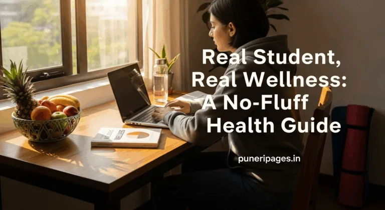 College student practicing healthy habits at desk with organic food, yoga mat, and study materials
