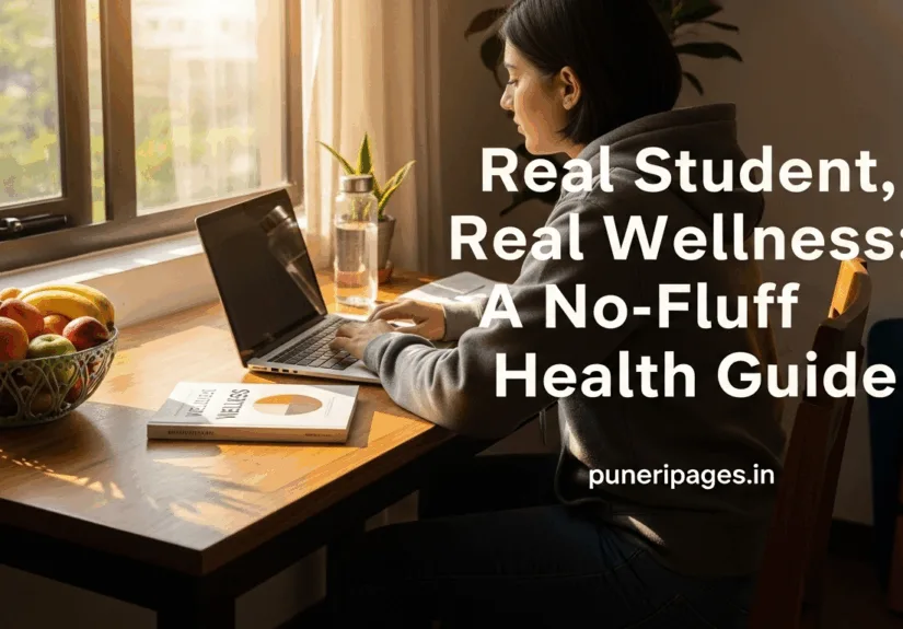 College student practicing healthy habits at desk with organic food, yoga mat, and study materials