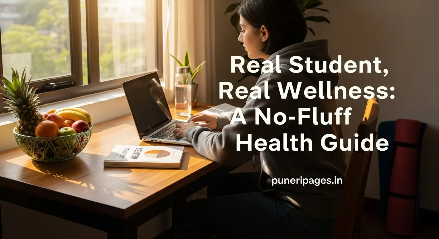 College student practicing healthy habits at desk with organic food, yoga mat, and study materials