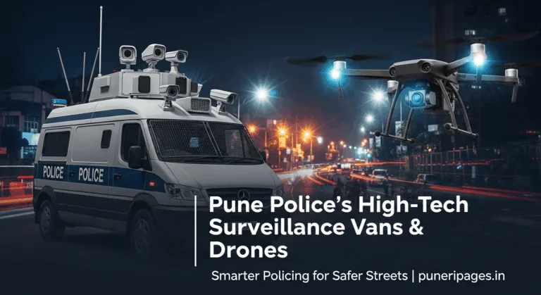 Pune police high-tech surveillance van with drone flying overhead monitoring city streets at night.