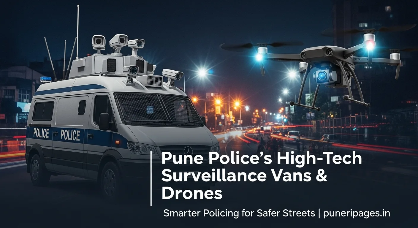 Pune police high-tech surveillance van with drone flying overhead monitoring city streets at night.