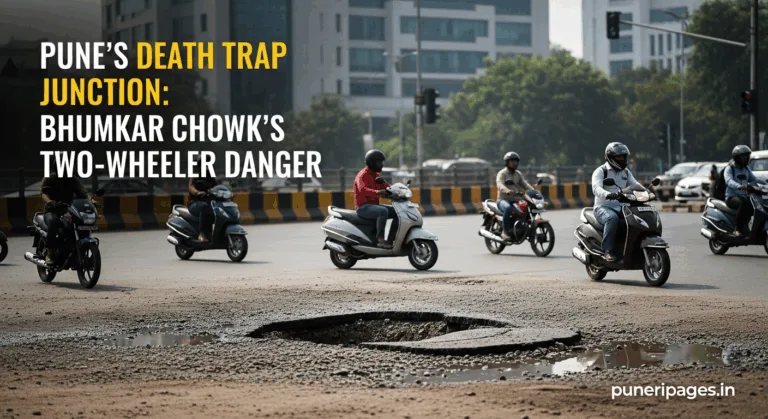 Two-wheeler riders cautiously navigating a large pothole on Bhumkar Chowk, Pune, highlighting dangerous road conditions and traffic congestion.