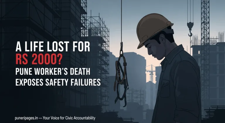 Silhouette of a construction worker at a Pune site with scaffolding, reflecting on tragic safety failures; text overlays highlight worker death and accountability.