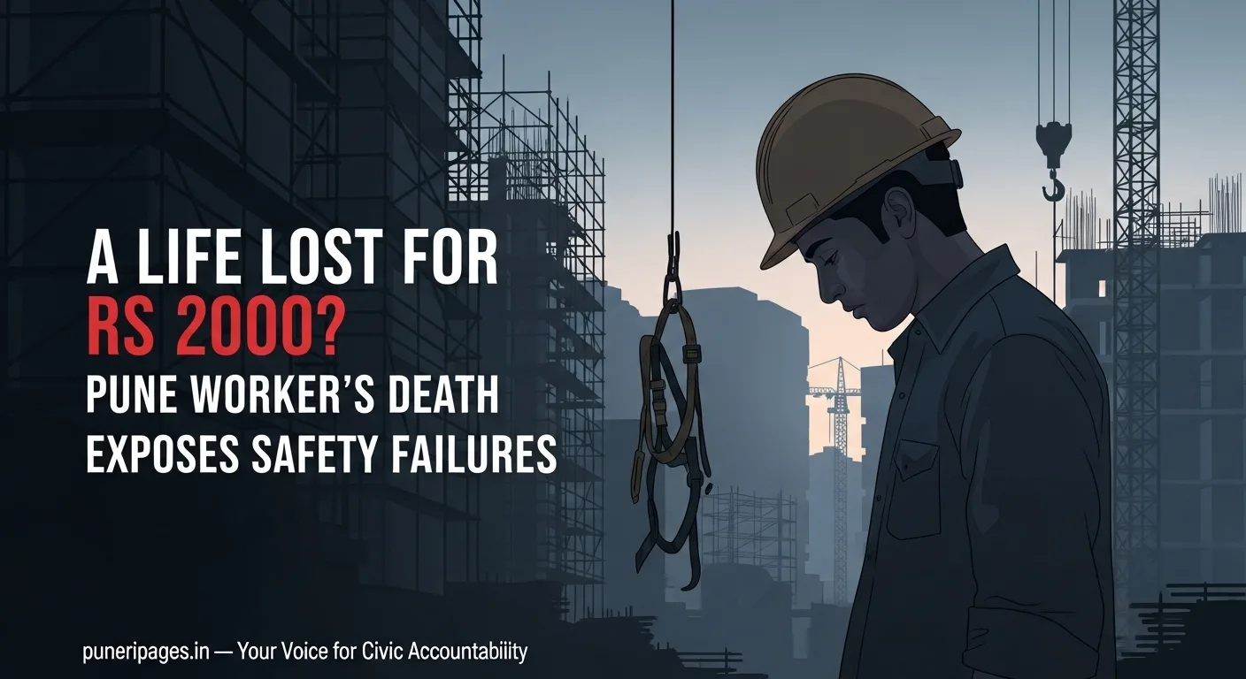 Silhouette of a construction worker at a Pune site with scaffolding, reflecting on tragic safety failures; text overlays highlight worker death and accountability.