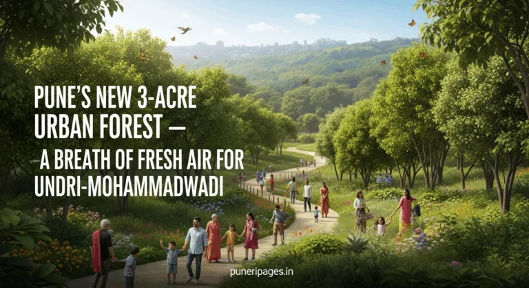 Lush urban forest park with walking paths, native trees, butterflies, and city skyline in the background, promoting Pune’s new 3-acre green space in Undri-Mohammadwadi.