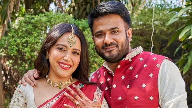 Digital illustration of Swara Bhaskar and her husband Fahad Ahmad with social media icons and shattered glass effect, symbolizing resistance against online classist trolling.