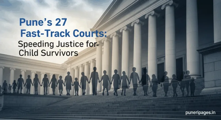 Courthouse steps with silhouettes of children holding hands symbolizing child protection and justice in Pune.