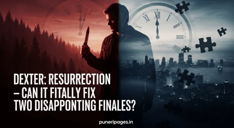 Silhouette of Dexter Morgan holding a knife against a dark city and forest background with clock and puzzle imagery, titled “Dexter: Resurrection — Can It Finally Fix Two Disappointing Finales?” and puneripages.in branding.