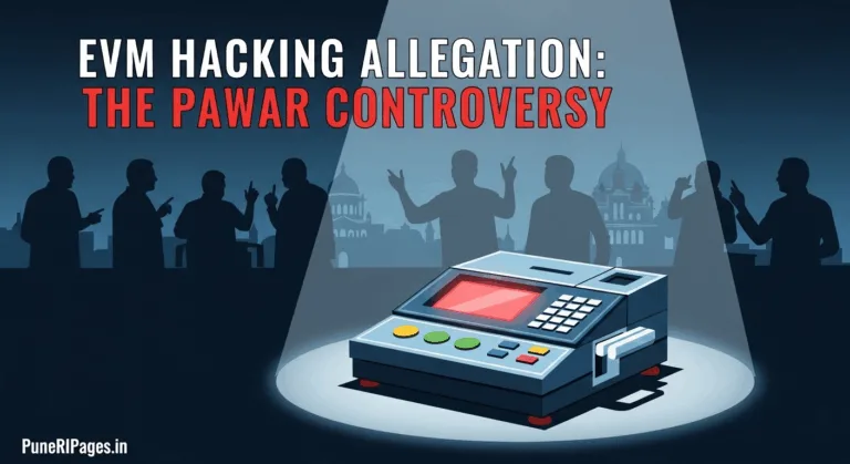Illustration of Indian EVM under scrutiny with political leaders in discussion, headline text 'EVM Hacking Allegation: The Pawar Controversy' and website name PuneRIPages.in.