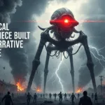 Alien tripod attacking a city with smoke and destruction, featuring article headline and puneripages.in overlay.