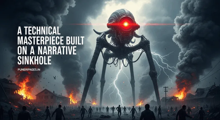 Alien tripod attacking a city with smoke and destruction, featuring article headline and puneripages.in overlay.