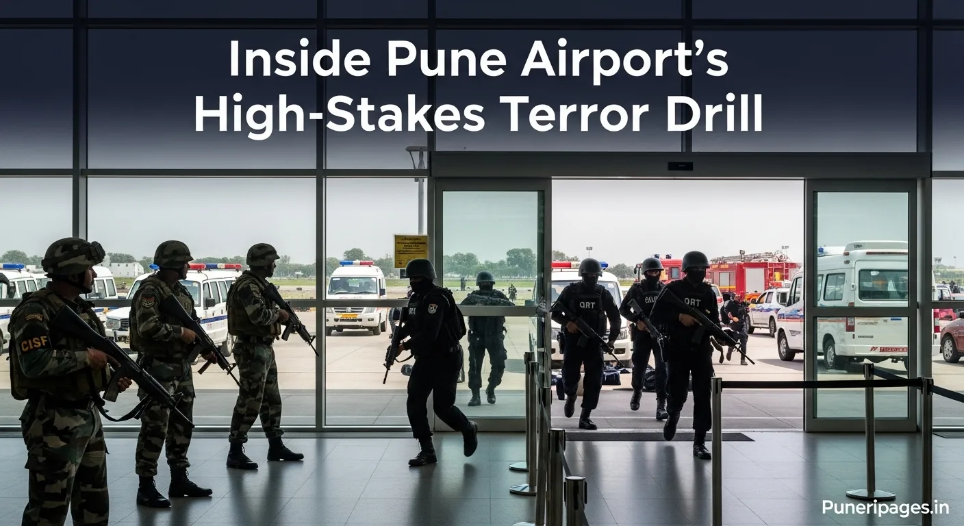 Pune Airport counter-terrorism drill with security forces in action.