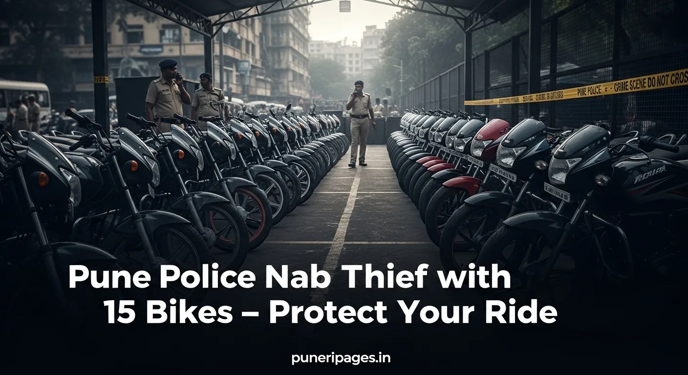 Recovered stolen motorcycles lined up in Pune Police custody with text overlay 'Pune Police Nab Thief with 15 Bikes – Protect Your Ride' and website name puneripages.in.