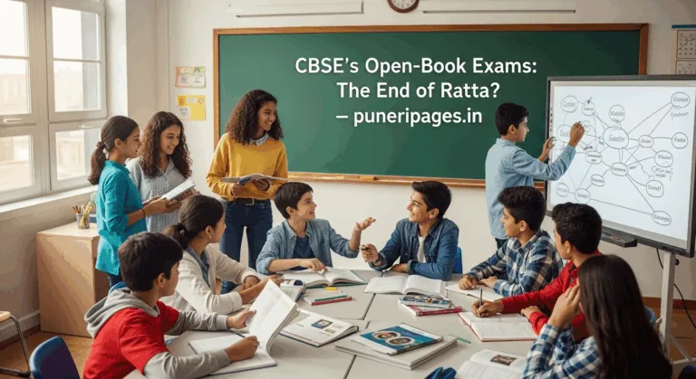 Students in a classroom collaborating during an open-book exam, with the text “CBSE’s Open-Book Exams: The End of Ratta? – puneripages.in” displayed on the board.
