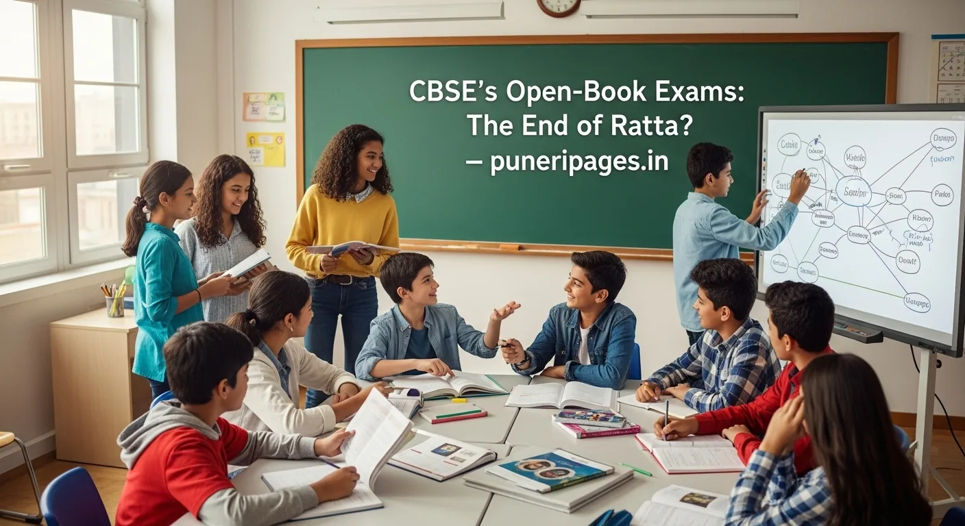 Students in a classroom collaborating during an open-book exam, with the text “CBSE’s Open-Book Exams: The End of Ratta? – puneripages.in” displayed on the board.