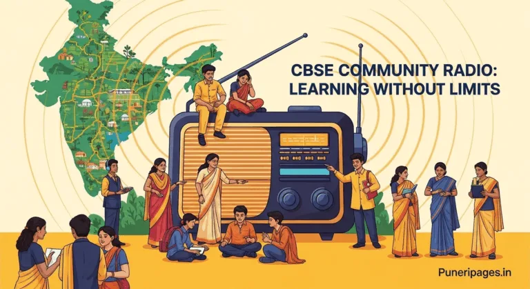 Illustration of CBSE's nationwide community radio concept with diverse students and teachers, India map, and radio waves, featuring text 'CBSE Community Radio: Learning Without Limits' and puneripages.in.