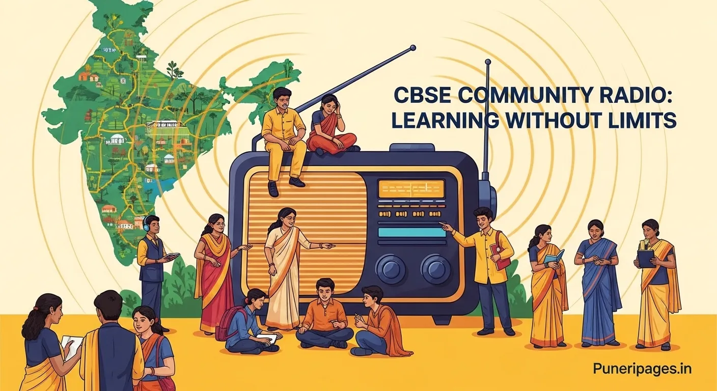 Illustration of CBSE's nationwide community radio concept with diverse students and teachers, India map, and radio waves, featuring text 'CBSE Community Radio: Learning Without Limits' and puneripages.in.