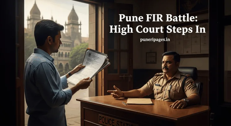 Pune citizen confronting police officer over FIR refusal, with Bombay High Court in background, text reads “Pune FIR Battle: High Court Steps In – puneripages.in”
