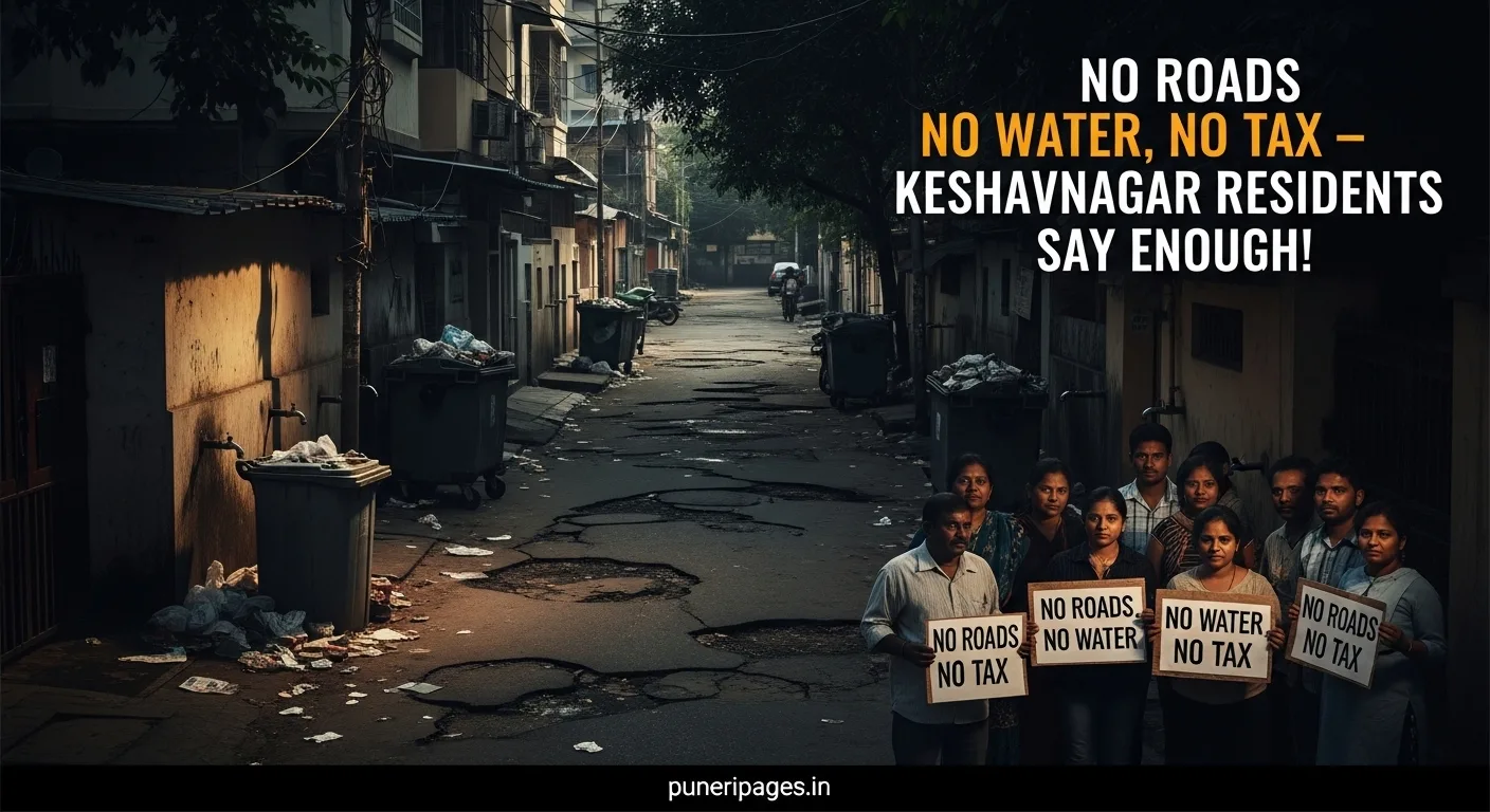 Cover image showing Keshavnagar’s broken roads, dark streets, and residents protesting with “No Roads, No Water, No Tax” placards, with puneripages.in branding.