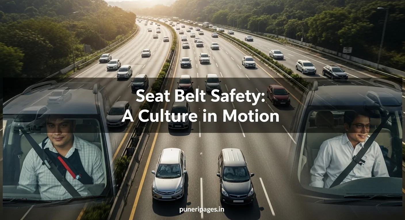 Aerial view of Pune-Mumbai Expressway with cars, highlighting seat belt use, overlay text reading "Seat Belt Safety: A Culture in Motion" and website name puneripages.in.