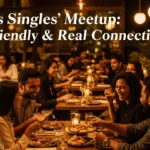 Young adults enjoying conversations and drinks at a singles' meetup in Pune, with text overlay promoting Pune's Singles' Meetup and puneripages.in.