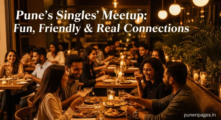 Young adults enjoying conversations and drinks at a singles' meetup in Pune, with text overlay promoting Pune's Singles' Meetup and puneripages.in.