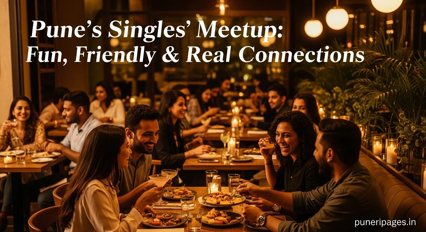 Young adults enjoying conversations and drinks at a singles' meetup in Pune, with text overlay promoting Pune's Singles' Meetup and puneripages.in.