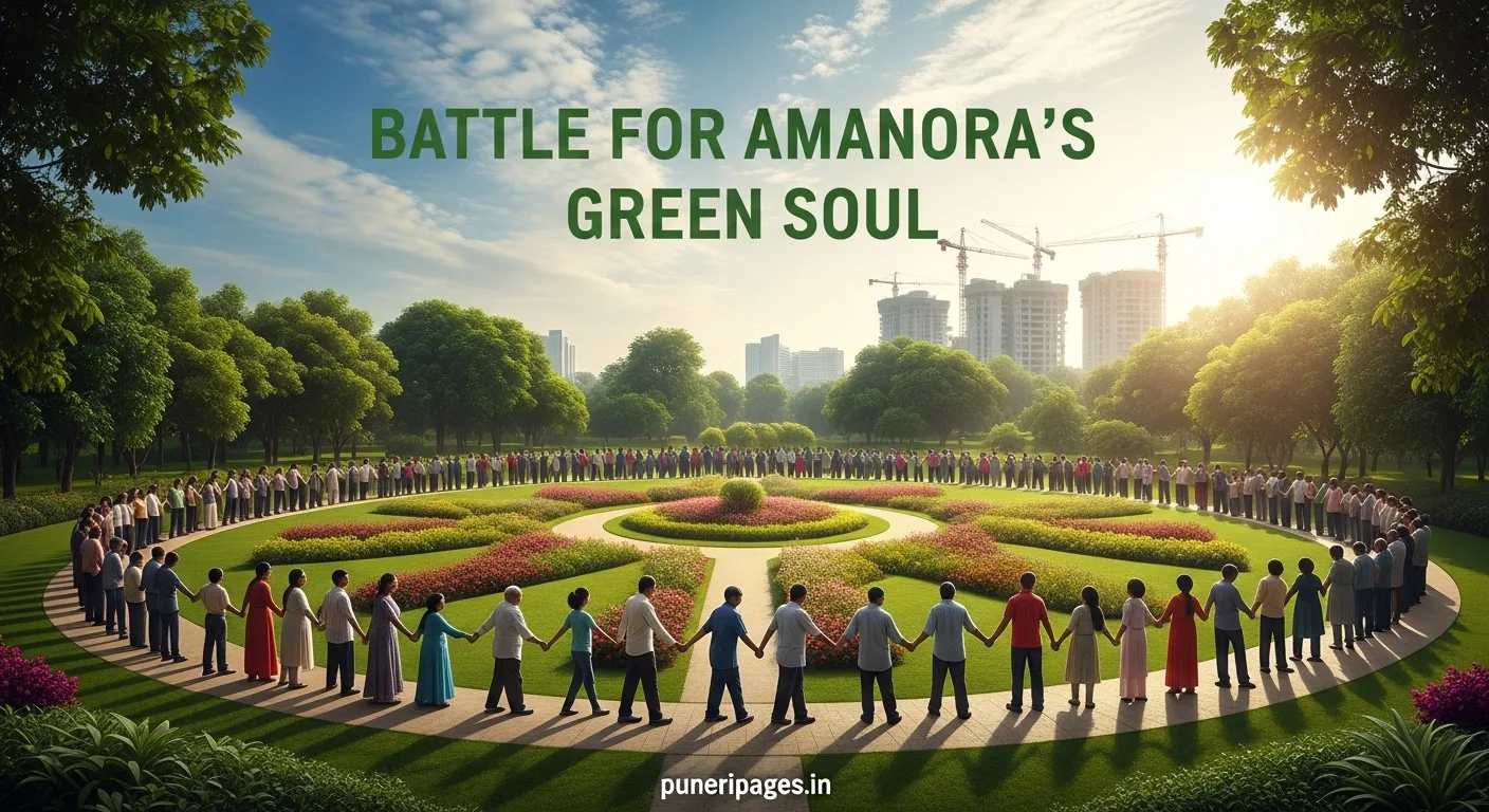Residents form a human chain around Amanora Park Town's 26-acre central garden to protest its destruction, with construction cranes visible in the background.
