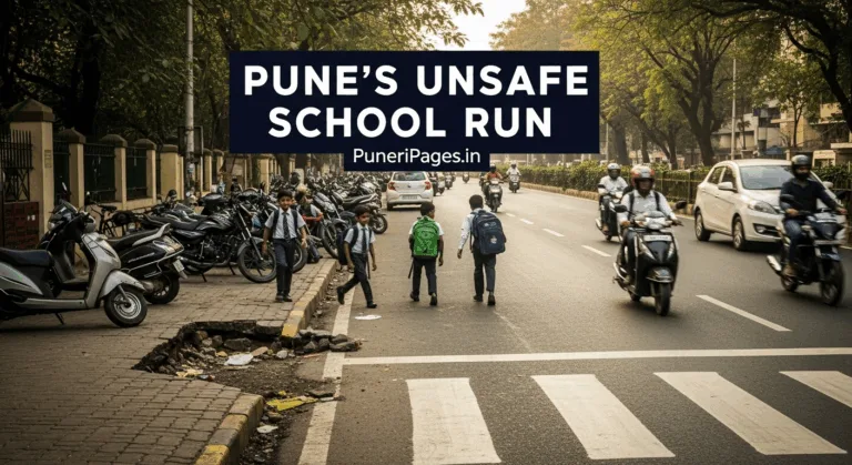 Children in school uniforms walking on a dangerous Pune street with broken footpaths and speeding traffic.