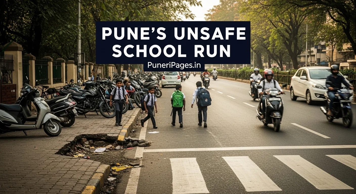 Children in school uniforms walking on a dangerous Pune street with broken footpaths and speeding traffic.
