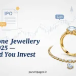 Bluestone Jewellery IPO 2025 concept image featuring gold ring and diamond necklace with stock market graph overlay and IPO document icon.