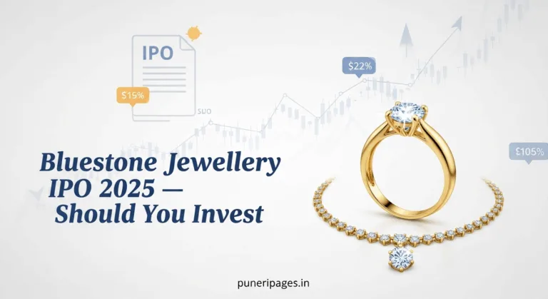 Bluestone Jewellery IPO 2025 concept image featuring gold ring and diamond necklace with stock market graph overlay and IPO document icon.