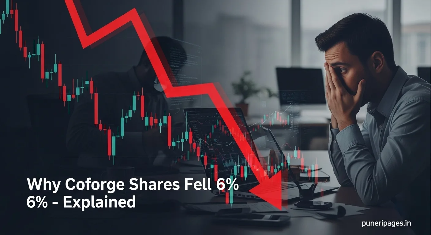 Graph showing Coforge stock price drop with worried investor, highlighting 6% share decline and analysis by puneripages.in