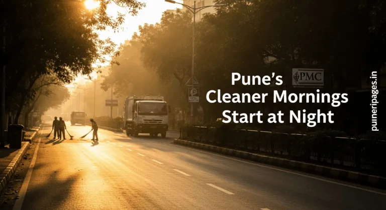 Early morning clean street in Pune after night-time garbage collection by PMC, with on-image text “Pune’s Cleaner Mornings Start at Night” and puneripages.in branding.