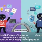 Illustration comparing ChatGPT’s creative “Yes-Man” personality with its cautious “Guardian” mode, featuring a bridge of personalization and the text “ChatGPT’s Next Chapter — From Woke & Boring to Your AI, Your Way | puneripages.in.