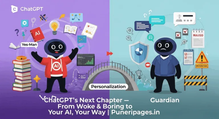 Illustration comparing ChatGPT’s creative “Yes-Man” personality with its cautious “Guardian” mode, featuring a bridge of personalization and the text “ChatGPT’s Next Chapter — From Woke & Boring to Your AI, Your Way | puneripages.in.