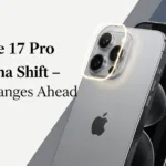 Futuristic concept of iPhone 17 Pro showing antenna repositioning around camera bump with overlay text "iPhone 17 Pro Antenna Shift – Big Changes Ahead" and puneripages.in branding.